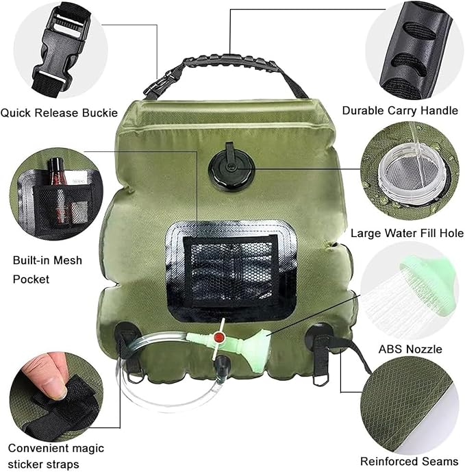 Solar Camping Shower - 5 Gallon Portable Bag Head with Hose Included Camp Bath Pouch with Solar Heating Outdoor Shower 20L Capacity Portable Showers for Beach Indoor Cabin