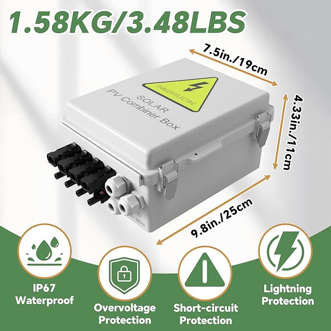 4 String Solar Combiner Box IP65 Waterproof PV Combiner Box for On/Off Grid Solar Systemwith Lightning Arrester 15A Rated Current Fuse &amp 63A Circuit Breaker(Plastic)