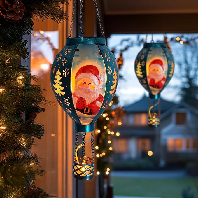 Outdoor Hot Air Balloon Solar Lanterns with Flame Solar Lights Outdoor Waterproof Hanging Christmas Lanterns Decor for Patio Porch Xmas Holiday Party(Santa Claus)