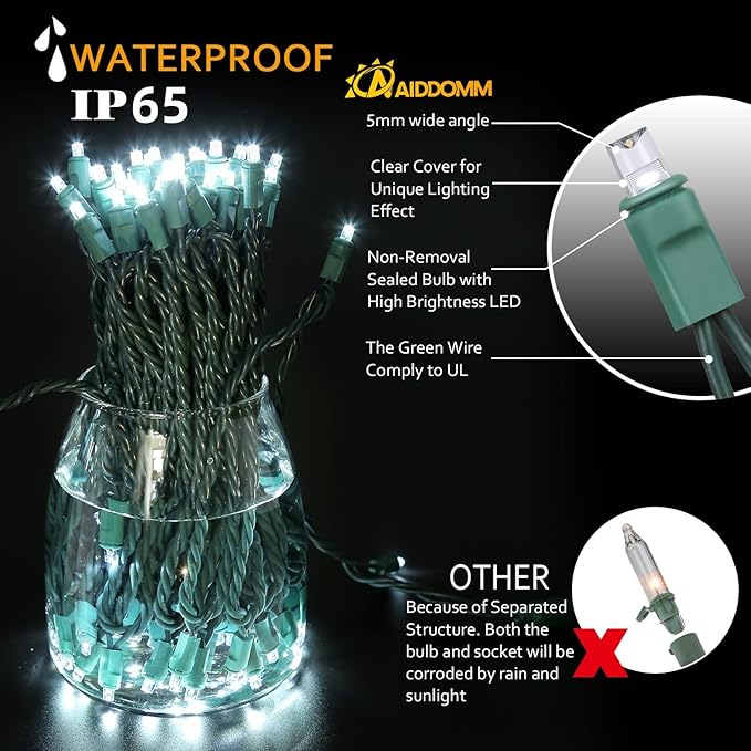 100 Counts Cool White LED Christmas Lights – 50ft 5mm White Christmas Lights Outdoor Commercial Grade Waterproof Indoor Christmas Tree Decorations Green Wire Mini String Lights UL IP:65