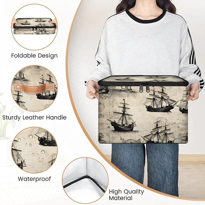 Storage Bins with Lids Retro Ship Storage Basket Clothes Organizer with Handles Closet Storage Containers for Clothing Bedding Blanket