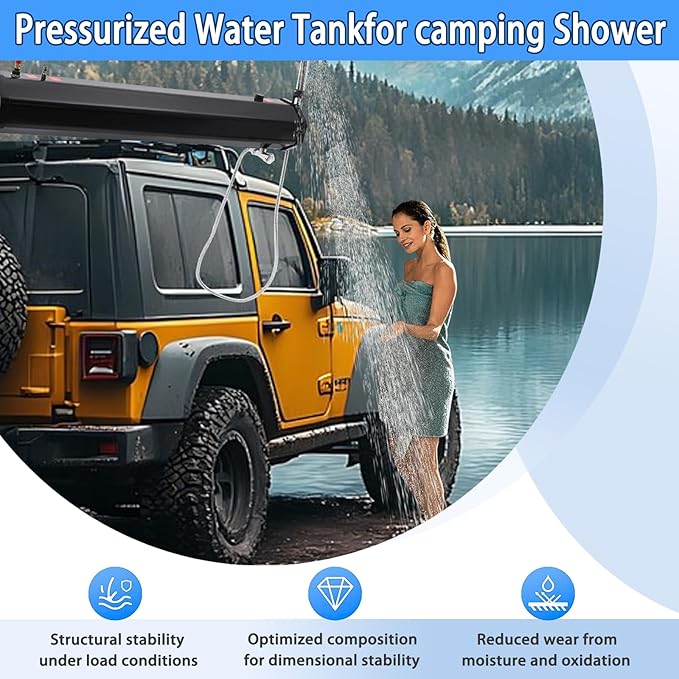 Portable Roof Rack Shower with Pressurized Water Tank Adjustable Shower Head and Hose for Off-Road Camping SUV Truck RV Overlanding and Outdoor Adventures 18L (4.8 gal)