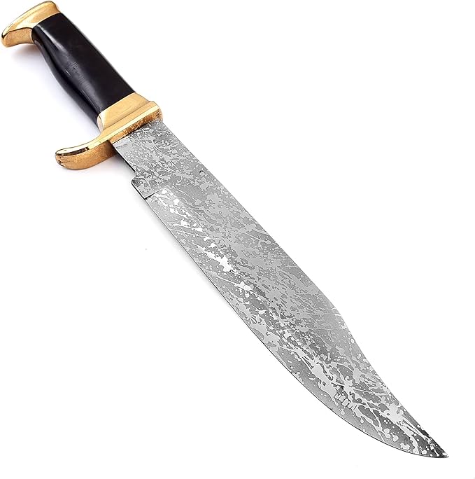 15.5 Long D-2 steel Hunting Bowie Knife Natural Rose wood scale with Brass finger guard &amp Pommel Over 10 sharp D-2 solid steel blade with blood groove Cow Hide Leather sheath with belt loop