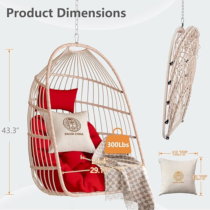Hanging Egg Chair with Pillow HDPE Rattan Foldable Swing Chair with Aluminum Frame &amp UV Resistant Cushion Hammock Egg Basket Without Stand for Indoor Outdoor 350Lbs Capacity (Red Cushion)