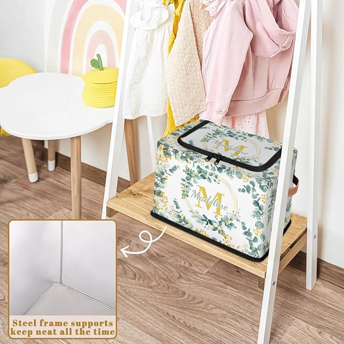 Personalized Eucalyptus Initials Storage Bins with Zipper Lid Custom Fabric Storage Boxes Foldable Closet Organizers Cubes for Clothes Shelves Home Decorative 2PCS Flower Leaves