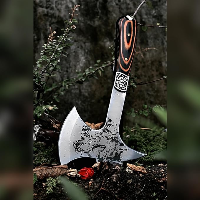 Camping Hatchet Overall 8.5in w/4in Blade Compact Camp Axe Stainless Steel Blade and Comfortable Wooden Grip Outdoor Hunting Survival Hiking Tactical Axe Tomahawk Sheath Included