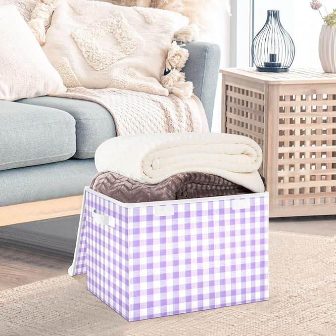 Purple Gingham Checkered Storage Box with Lid 1 PC Foldable Storage Bin with Lids Stackable Storage Bins Cube Closet Organizer Basket with Flip-Top Lid &amp Handles for Shoes Books Towels