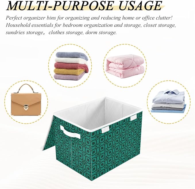 Teal Geometric Pattern Lidded Storage Bins with Handles - 16.5x12.6x11.8 Foldable Organizing Box Oxford Fabric &amp Honeycomb Board Dust-Proof Flip Lid for Closet/Office