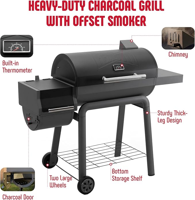Feasto Heavy-Duty 30-Inch Charcoal Grill with Offset Smoker Grill Side Table &amp 815 Sq. In Cooking Space Outdoor BBQ Grill for Outdoor Barbecue in Backyard Patio and Parties Black