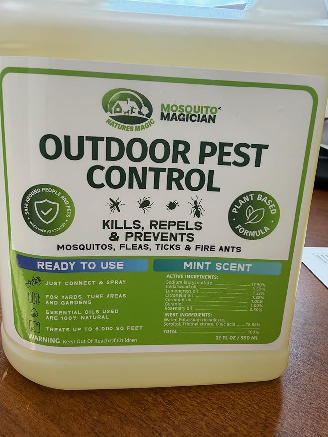 Mosquito Magician Ready to Use Hose Sprayer - Holds 32 Fl Oz of Liquid - Refillable - Kills Mosquitoes Fleas and Fire Ants - for Yards Lawns Patios - with Essential Oils - Mint