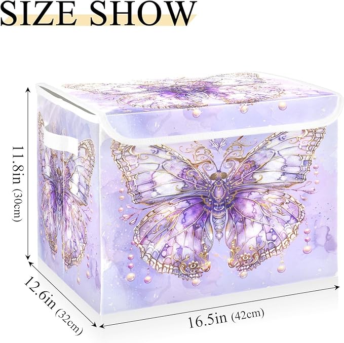 MNSRUU Containers Baskets with Lids Fantasy Purple Butterfly Foldable Storage Bins Organizer with Lid Collapsible Storage Boxes for Home Bedroom Closet Office