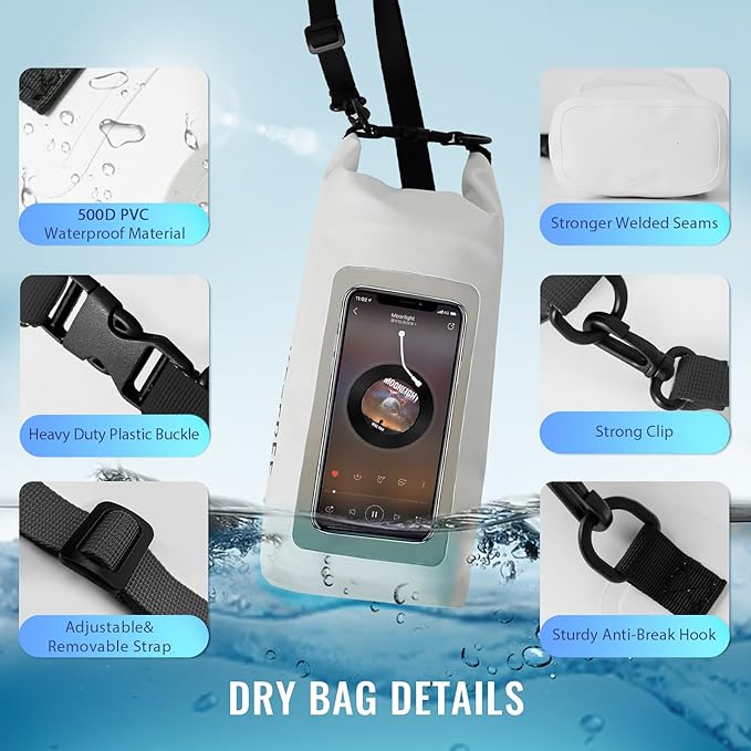 Waterproof Dry BagRoll Top Waterproof Backpack Phone Case Pouch for TravelKayakingRaftingCampingSurfingBoatingHikingBeach and Fishing (2 L White+Black)