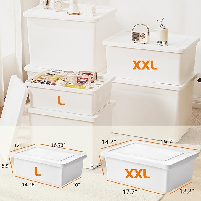 6gal+3gal high-end White multifunction storage box with lid Set of 4 Stackable Plastic Boxes with Handles Suitable for Garage and Home Storage Waterproof and Moisture-Proof （2XXL+2L