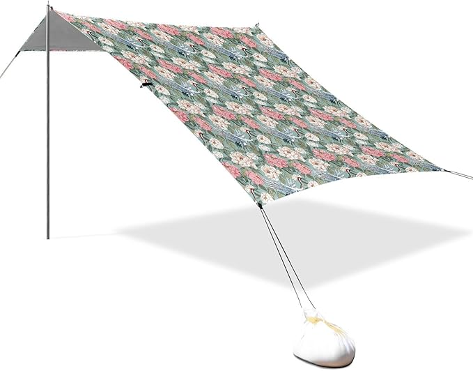 ALAZA Peony Flowers Crane Beach Tent Sun Shelter UPF50+ Protection Beach Shade Canopy w/ 4 Sandbags for Outdoor Camping Fishing Backyard Fun Picnic 10x9 ft