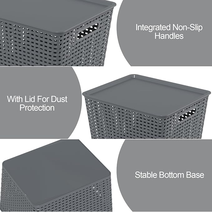 6 Packs Large Plastic Storage Basket Bin with Lid Tall Stackable Lidded Organizer Baskets for Desktops Closets Shelves Gray