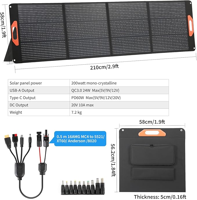 200W Portable Solar Panel for Power Station Compatible with Jackery Ecoflow Bluetti Anker and More Portable Power Stations 23.5% High Efficiency Weatherproof for Camping RV Emergency Power
