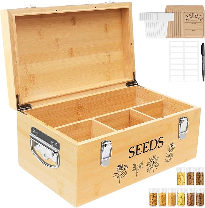 Large Bamboo Wood Seed Storage Organizer Box with LidDouble-Layer Seal Design Seed Saving Box with 304 Stainless Steel Safety LockHandlesExtra Seed Envelopes and Labels (Wood)