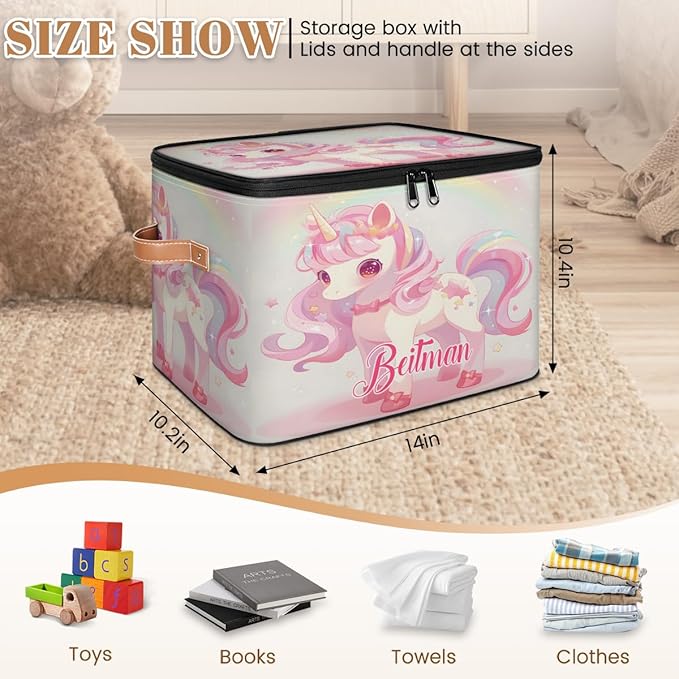 Storage-Bins with Lids Handle Customized Stackable-Storage-Bin for Kids-Boys-Girls-Toys Cube Collapsibl Basket Unicorn Stars