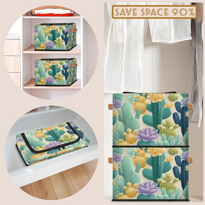 Cactus Storage Bins with Lids Flower Collapsible Cube Storage Basket with Leather Handle Foldable Storage Box with Lids for Organizing Home Closet