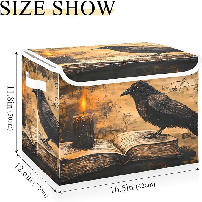 Storage Cube with Lid Gothic Crow Book Print 16.5×12.6×11.8 IN Collapsible Large Capacity Foldable Storage Basket Bin Organizer