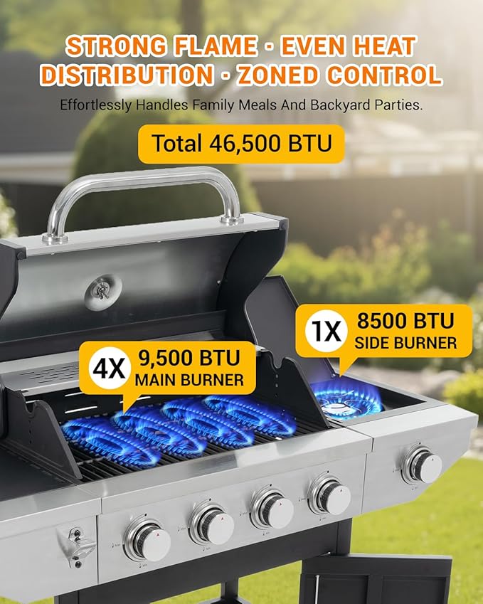 EUHOME 4-Burner Propane Gas BBQ Grill with Side Burner 46500 BTU Output Stainless Steel Barbecue Grill with Enameled Cast Iron Grates and Side Tables for Outdoor Cooking Kitchen and Patio Backyard