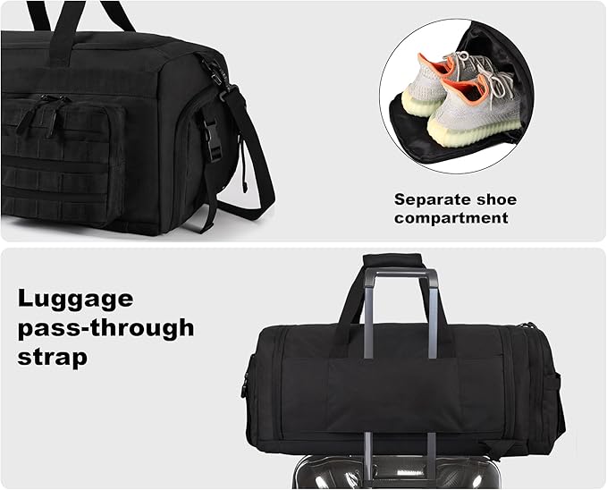 LHI 50L Tactical Duffle Bag for Men 3-in-1 Gym Duffle and Backpack Shoe Compartment Laptop Sleeve and MOLLE Carry-On Travel Weekender and Overnight Bag – Black