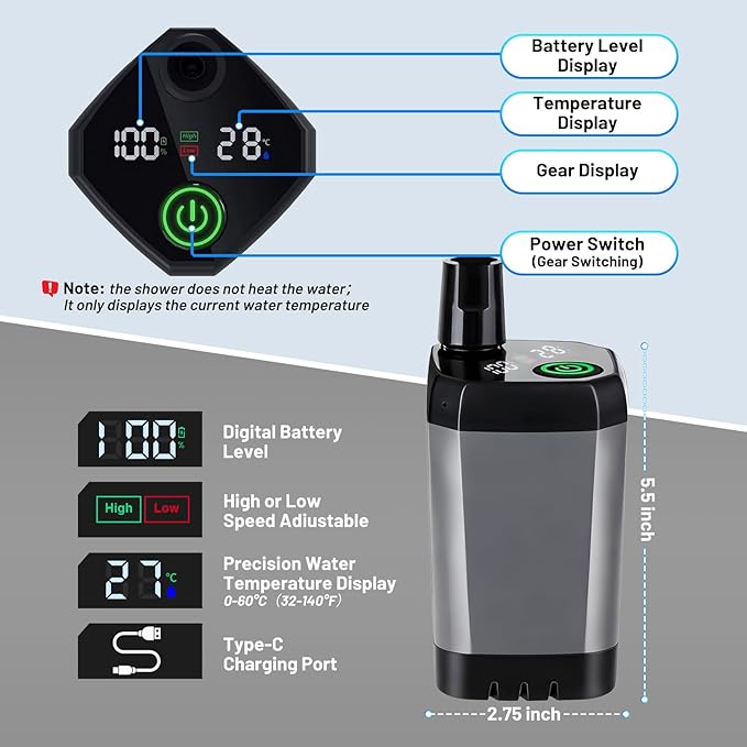 Camping Shower with Heater Portable – 6000mAh Rechargeable Hot Water Shower Pump with LED Display 3 Spray Modes for Outdoor Camping RV Pet Bath Car Wash Travel