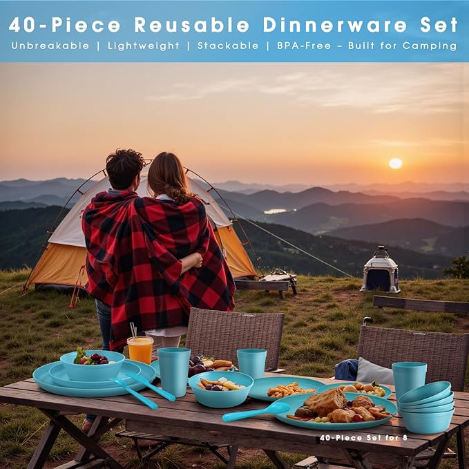 40 Piece Plastic Dinnerware Set for 8 with Cutlery Unbreakable Plates and Bowls Set Dishwasher &amp Microwave Safe Reusable Dish Set for Camping RV Outdoor Kitchen Apartment Dining Teal
