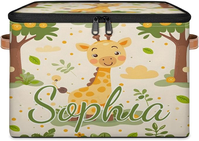 Custom Storage Basket with Name Personalized Storage Bins with Zipper Lid Foldable Fabric Storage Box Large capacity with Handle Giraffe Tree