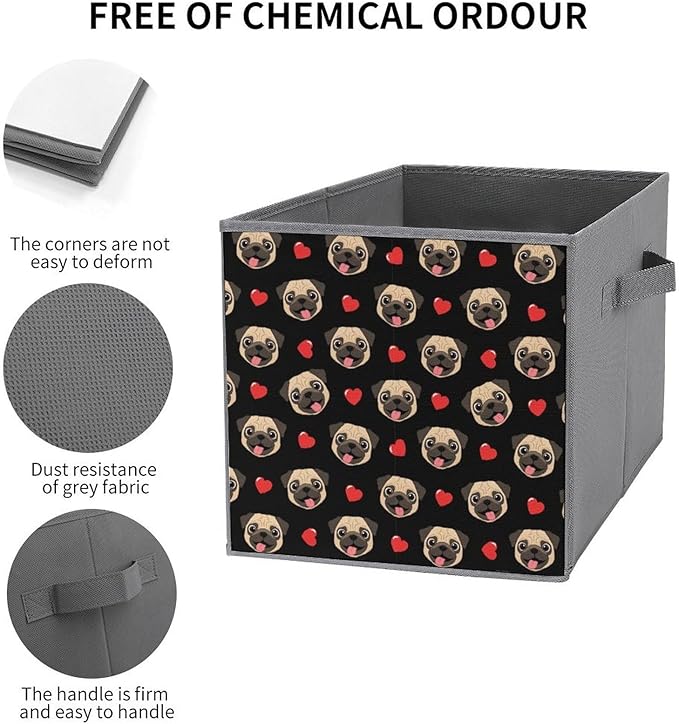 Space-Saving Fabric Storage Cubes Puppy Dog Pugs Gifts Pug Lovers Collapsible Baskets with Handles Stylish Storage Solution for Home