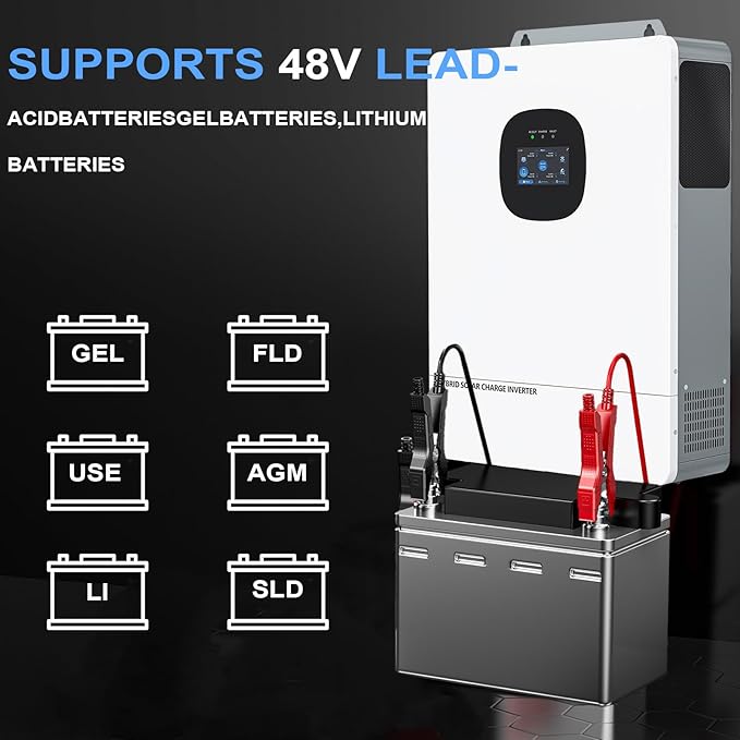 10000W 48V All-in-One Solar Hybrid Inverter UL 20KW Peak Pure Sine Wave 48V DC 120V/240V Single&ampSplit-Phase Dual MPPT 6 Parallel Battery-Free UPS WiFi Lead-Acid/Lithium Off-Grid Home &amp
