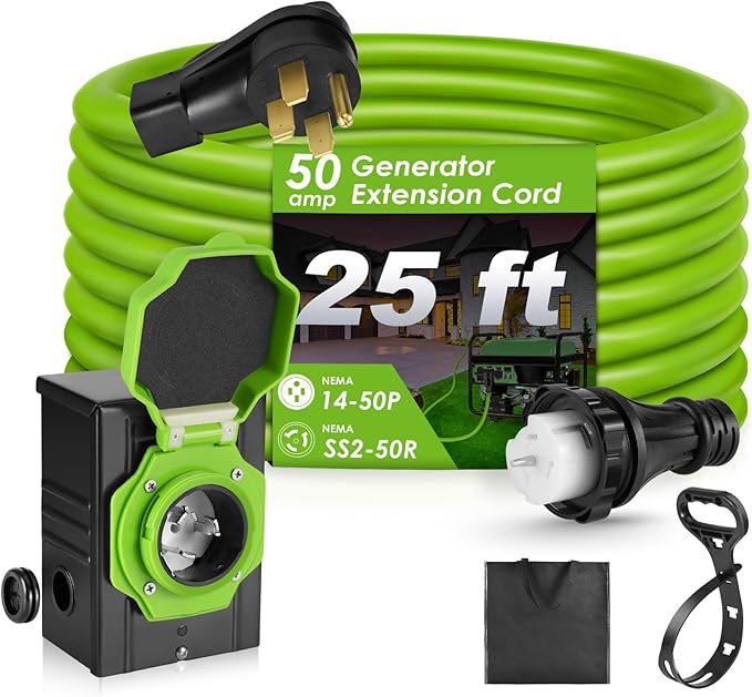 Seeutek 50 Amp Generator Cord - 25 FT 4 Prong Generator Extension Cord with Pre-drilled Power Inlet Box NEMA 14-50P/SS2-50P ETL Listed Black+Green 50amp 50A 25FT