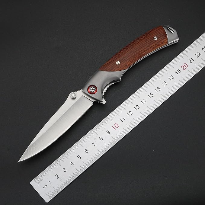 Tactical Folding Knife 4in Stainless Steel Mirror Blade Rosewood Handle EDC Knife with Safety Liner-Lock Hand-blocking Design