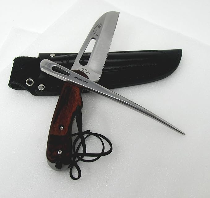 Myerchin W100P Generation 2 Wood Offshore System - Fixed 3/4 Serrated Pro Marine Stainless Steel Blade - Bubinga Wood Handle - Includes Marlinspike and Leather Sheath - Professional Rigging Tool Kit W