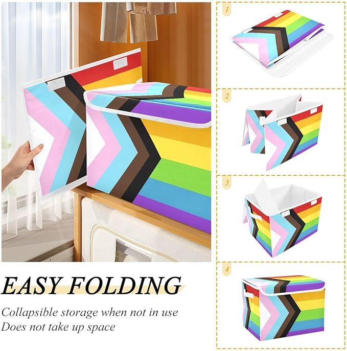 Progress Pride Flag Rainbow Flag Storage Container with Lid Collapsible Closet Organizer Garage Storage Bins for Home