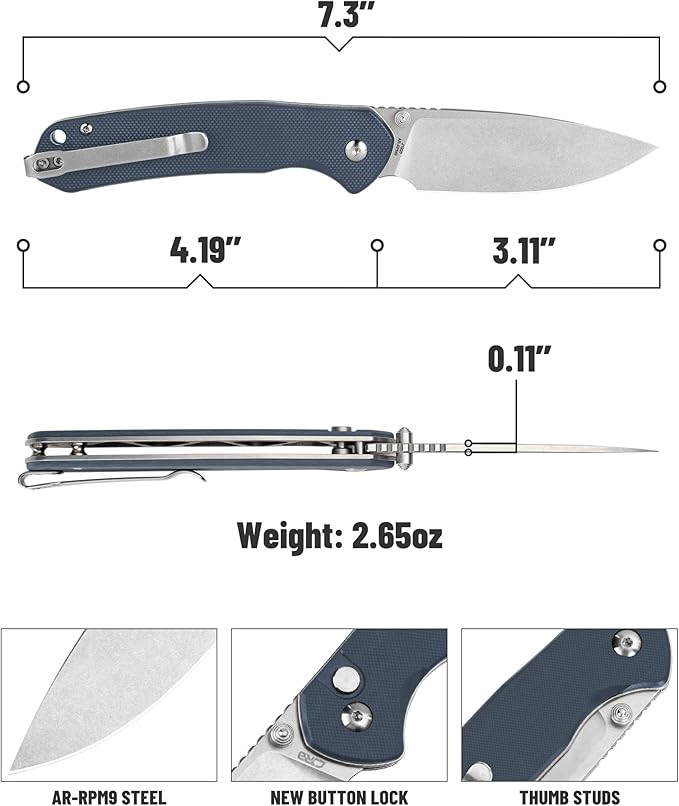 CJRB Folding Knife Pyrite (J1925) AR-RPM9 Blade and Stainless Steel Handle EDC Maunal Folding Knife with Button Lock Blue