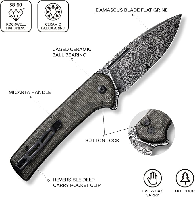 CIVIVI Pocket Knife for EDC Conspirator Button Lock Folding Knife 3.48 Damascus Blade Dark Green Micarta Handle C21006-DS1