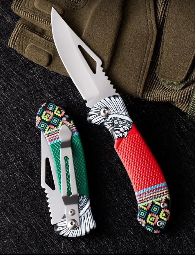 Folding Knife With 3D Retro Embossed Patternfor Camping Hiking Outdoor Survival Unboxing Tool Fishing Hunting Gear (A3)