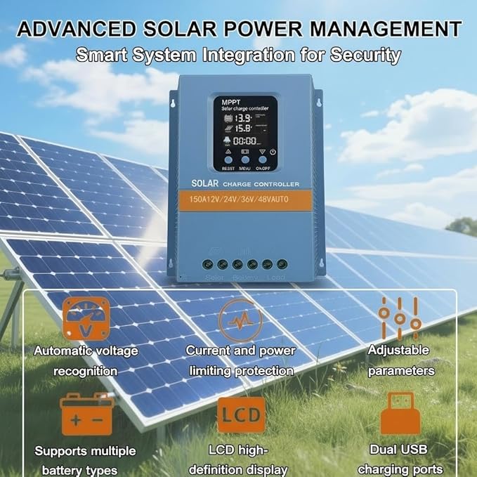 Solar Charge Controller 150A 12V 24V 36V 48V Intelligent Recognition LCD Display Battery Intelligent Regulator Maximum 100V Input Dual USB for Lead Acid/Lithium Battery (SA150A)