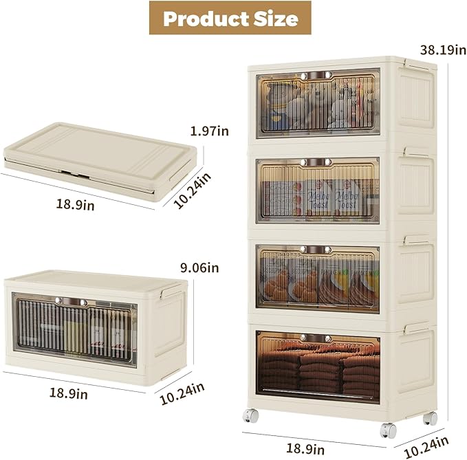 4 Tier - 34QT Storage Bins with Lids Collapsible Storage Bins with Doors and Wheels Plastic Storage Cabinet for Easy Storage and Organization for Living Room Office