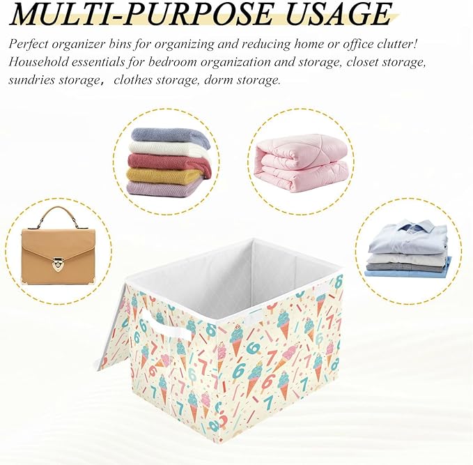 Storage Bins With Lid Stackable Fabric Closet Organizer Clothing Storage Large Boxes For Closet Shelves Bedroom Beige Ice Cream Drip 67