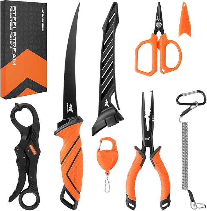 KastKing SteelStream 6pc Fishing Tool Kit - Corrosion Resistant Fishing Pliers with Lanyard Fillet Knife Floating Fish Lip Gripper Fishing Braid Scissors Tool Retractor Fishing Gifts for Men