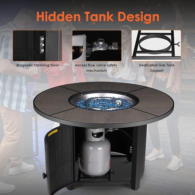 TLGREEN Propane Fire Pit Table 42 Inch Round – 50000 BTU Outdoor Fire Pit with Lid Converts to Patio Coffee Table Certified Includes Waterproof Cover &amp Blue Fire Glass