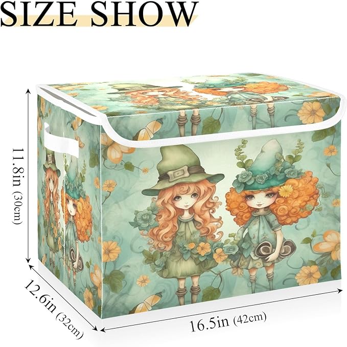 Christmas Storage Baskets with Lids Two Girls in A Hat Collapsible Bins Stackable Fabric Linen Baskets Closet Organizer Container 16.5x12.6x11.8