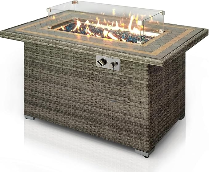 SereneLife Outdoor Propane Fire Pit Table 50000 BTU with Auto Ignition Glass Wind Guard Mosaic Tile Top Clear Glass Rocks and Weather-Resistant Design for Patio or Backyard
