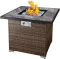 30'' Propane Fire Pit Table Marble Textured Ceramic Tabletop 50000 BTU Fire Table with Brown Wicker Mix Color Glass Rocks Including Lid&ampCover Square