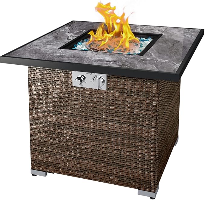 30'' Propane Fire Pit Table Marble Textured Ceramic Tabletop 50000 BTU Fire Table with Brown Wicker Mix Color Glass Rocks Including Lid&ampCover Square