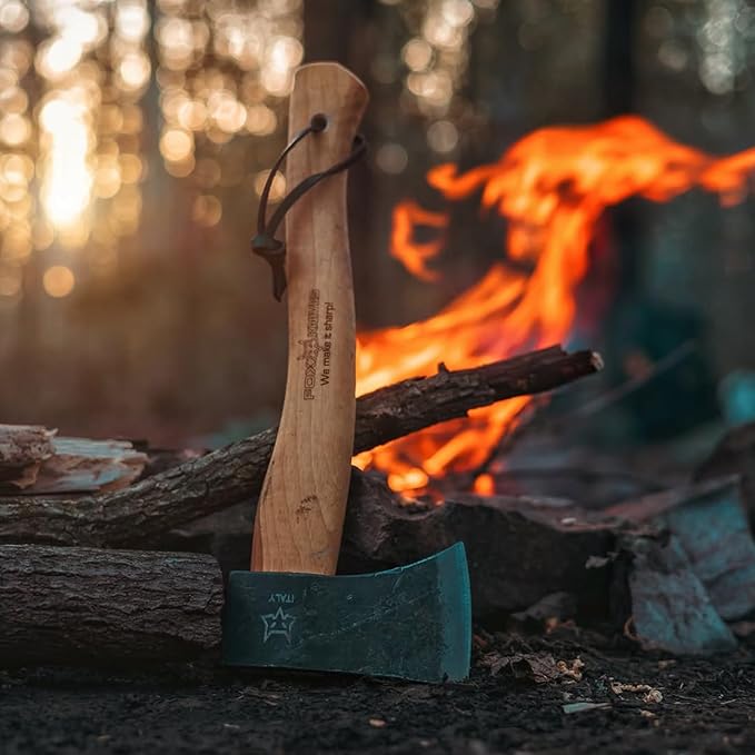 Fox Knives Yankee Axe FX-FA700 Carbon Steel Blade Hickory Wood Handle Leather Sheath Lightweight Outdoor Camping Axe Woodsman Ax Hatchet Bushcraft Survival