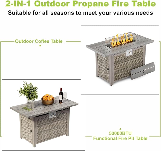 30 Round Propane Fire Pit Table - 50K BTU with Lid Rocks Tank Storage and Cover - Round Gas Fire Pits for Outside Patio - Outdoor Table with Firepit (Brown 43 Rectangular)