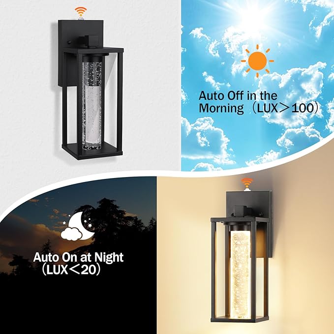 WIHTU Dusk to Dawn Porch Light Sensor Outdoor Light Fixture for House with Crystal Bubble Modern Matte Black Exterior Lighting Fixtures 2 Pack Outside Lanterns for Garage Entryway